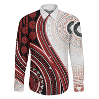 Bula Fiji Vintage Tapa Family Matching Mermaid Dress and Hawaiian Shirt Kaivity Masi Wave Motifs - Red LT7 Dad's Shirt - Long Sleeve Red - Polynesian Pride