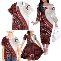 Bula Fiji Vintage Tapa Family Matching Off The Shoulder Long Sleeve Dress and Hawaiian Shirt Kaivity Masi Wave Motifs - Red LT7 - Polynesian Pride