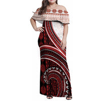 Bula Fiji Vintage Tapa Family Matching Off Shoulder Maxi Dress and Hawaiian Shirt Kaivity Masi Wave Motifs - Red LT7 Mom's Dress Red - Polynesian Pride