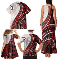 Bula Fiji Vintage Tapa Family Matching Tank Maxi Dress and Hawaiian Shirt Kaivity Masi Wave Motifs - Red LT7 - Polynesian Pride