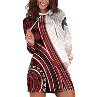 Bula Fiji Vintage Tapa Hoodie Dress Kaivity Masi Wave Motifs - Red LT7 Red - Polynesian Pride