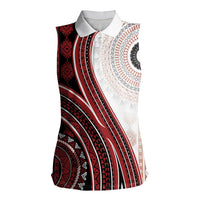 Bula Fiji Vintage Tapa Women Sleeveless Polo Shirt Kaivity Masi Wave Motifs - Red LT7 Female Red - Polynesian Pride