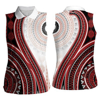 Bula Fiji Vintage Tapa Women Sleeveless Polo Shirt Kaivity Masi Wave Motifs - Red LT7 - Polynesian Pride