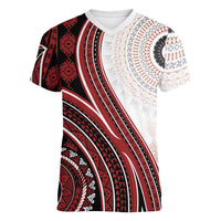 Bula Fiji Vintage Tapa Women V-Neck T-Shirt Kaivity Masi Wave Motifs - Red LT7 Female Red - Polynesian Pride
