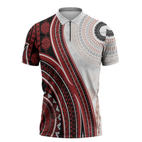 Bula Fiji Vintage Tapa Zipper Polo Shirt Kaivity Masi Wave Motifs - Red LT7 Red - Polynesian Pride