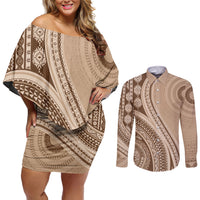 Bula Fiji Vintage Tapa Couples Matching Off Shoulder Short Dress and Long Sleeve Button Shirt Kaivity Masi Wave Motifs - Mocha LT7 Beige - Polynesian Pride
