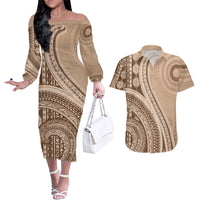Bula Fiji Vintage Tapa Couples Matching Off The Shoulder Long Sleeve Dress and Hawaiian Shirt Kaivity Masi Wave Motifs - Mocha LT7 Beige - Polynesian Pride