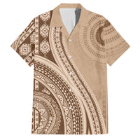 Bula Fiji Vintage Tapa Family Matching Long Sleeve Bodycon Dress and Hawaiian Shirt Kaivity Masi Wave Motifs - Mocha LT7 Dad's Shirt - Short Sleeve Beige - Polynesian Pride