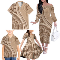 Bula Fiji Vintage Tapa Family Matching Off The Shoulder Long Sleeve Dress and Hawaiian Shirt Kaivity Masi Wave Motifs - Mocha LT7 - Polynesian Pride