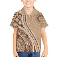 Bula Fiji Vintage Tapa Family Matching Summer Maxi Dress and Hawaiian Shirt Kaivity Masi Wave Motifs - Mocha LT7 Son's Shirt Beige - Polynesian Pride