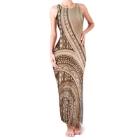 Bula Fiji Vintage Tapa Family Matching Tank Maxi Dress and Hawaiian Shirt Kaivity Masi Wave Motifs - Mocha LT7 Mom's Dress Beige - Polynesian Pride