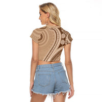 Bula Fiji Vintage Tapa Raglan Cropped T Shirt Kaivity Masi Wave Motifs - Mocha