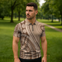 Bula Fiji Vintage Tapa Zipper Polo Shirt Kaivity Masi Wave Motifs - Mocha LT7 - Polynesian Pride