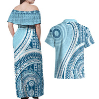 Bula Fiji Vintage Tapa Couples Matching Off Shoulder Maxi Dress and Hawaiian Shirt Kaivity Masi Wave Motifs - Turquoise LT7 - Polynesian Pride
