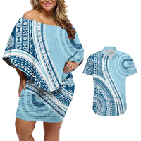 Bula Fiji Vintage Tapa Couples Matching Off Shoulder Short Dress and Hawaiian Shirt Kaivity Masi Wave Motifs - Turquoise LT7 Turquoise - Polynesian Pride