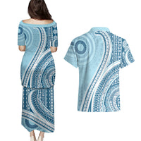 Bula Fiji Vintage Tapa Couples Matching Puletasi and Hawaiian Shirt Kaivity Masi Wave Motifs - Turquoise LT7 - Polynesian Pride