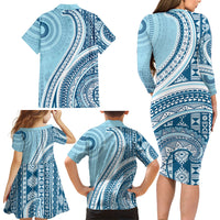Bula Fiji Vintage Tapa Family Matching Long Sleeve Bodycon Dress and Hawaiian Shirt Kaivity Masi Wave Motifs - Turquoise LT7 - Polynesian Pride