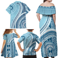 Bula Fiji Vintage Tapa Family Matching Off Shoulder Maxi Dress and Hawaiian Shirt Kaivity Masi Wave Motifs - Turquoise LT7 - Polynesian Pride