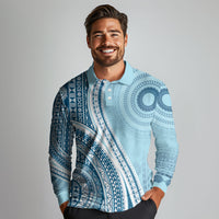 Bula Fiji Vintage Tapa Long Sleeve Polo Shirt Kaivity Masi Wave Motifs - Turquoise LT7 - Polynesian Pride
