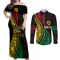 Personalised Vanuatu Couples Matching Off Shoulder Maxi Dress and Long Sleeve Button Shirts Melanesian Sand Drawing Mixed - Ni Van and Proud LT7 Black - Polynesian Pride