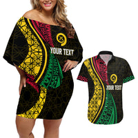 Personalised Vanuatu Couples Matching Off Shoulder Short Dress and Hawaiian Shirt Melanesian Sand Drawing Mixed - Ni Van and Proud LT7 Black - Polynesian Pride