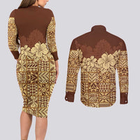Niue Hiapo Motif Couples Matching Long Sleeve Bodycon Dress and Long Sleeve Button Shirt Tapa Classic LT7 - Polynesian Pride