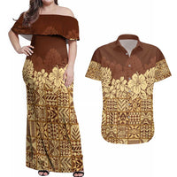 Niue Hiapo Motif Couples Matching Off Shoulder Maxi Dress and Hawaiian Shirt Tapa Classic LT7 Beige - Polynesian Pride