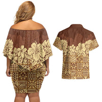 Niue Hiapo Motif Couples Matching Off Shoulder Short Dress and Hawaiian Shirt Tapa Classic LT7 - Polynesian Pride