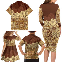 Niue Hiapo Motif Family Matching Long Sleeve Bodycon Dress and Hawaiian Shirt Tapa Classic LT7 - Polynesian Pride