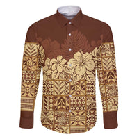 Niue Hiapo Motif Family Matching Off Shoulder Maxi Dress and Hawaiian Shirt Tapa Classic LT7 Dad's Shirt - Long Sleeve Beige - Polynesian Pride