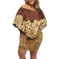 Niue Hiapo Motif Family Matching Off Shoulder Short Dress and Hawaiian Shirt Tapa Classic LT7 Mom's Dress Beige - Polynesian Pride