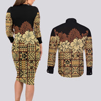 Niue Hiapo Motif Couples Matching Long Sleeve Bodycon Dress and Long Sleeve Button Shirt Tapa Classic - Black Ver LT7 - Polynesian Pride