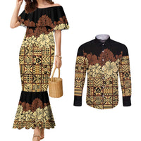 Niue Hiapo Motif Couples Matching Mermaid Dress and Long Sleeve Button Shirt Tapa Classic - Black Ver LT7 Black - Polynesian Pride