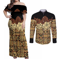 Niue Hiapo Motif Couples Matching Off Shoulder Maxi Dress and Long Sleeve Button Shirt Tapa Classic - Black Ver LT7 Black - Polynesian Pride