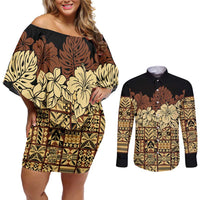 Niue Hiapo Motif Couples Matching Off Shoulder Short Dress and Long Sleeve Button Shirt Tapa Classic - Black Ver LT7 Black - Polynesian Pride