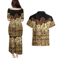 Niue Hiapo Motif Couples Matching Puletasi and Hawaiian Shirt Tapa Classic - Black Ver LT7 - Polynesian Pride