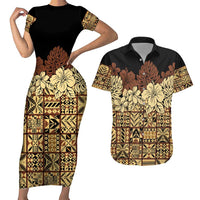 Niue Hiapo Motif Couples Matching Short Sleeve Bodycon Dress and Hawaiian Shirt Tapa Classic - Black Ver LT7 Black - Polynesian Pride