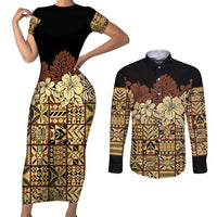 Niue Hiapo Motif Couples Matching Short Sleeve Bodycon Dress and Long Sleeve Button Shirt Tapa Classic - Black Ver LT7 Black - Polynesian Pride