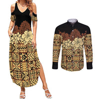 Niue Hiapo Motif Couples Matching Summer Maxi Dress and Long Sleeve Button Shirt Tapa Classic - Black Ver LT7 Black - Polynesian Pride
