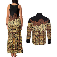 Niue Hiapo Motif Couples Matching Tank Maxi Dress and Long Sleeve Button Shirt Tapa Classic - Black Ver LT7 - Polynesian Pride