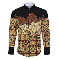 Niue Hiapo Motif Family Matching Off Shoulder Maxi Dress and Hawaiian Shirt Tapa Classic - Black Ver LT7 Dad's Shirt - Long Sleeve Black - Polynesian Pride