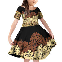 Niue Hiapo Motif Family Matching Off Shoulder Short Dress and Hawaiian Shirt Tapa Classic - Black Ver LT7 Daughter's Dress Black - Polynesian Pride