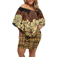 Niue Hiapo Motif Family Matching Off Shoulder Short Dress and Hawaiian Shirt Tapa Classic - Black Ver LT7 Mom's Dress Black - Polynesian Pride
