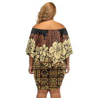 Niue Hiapo Motif Family Matching Off Shoulder Short Dress and Hawaiian Shirt Tapa Classic - Black Ver LT7 - Polynesian Pride
