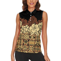 Niue Hiapo Motif Women Sleeveless Polo Shirt Tapa Classic - Black Ver LT7 - Polynesian Pride
