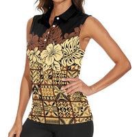Niue Hiapo Motif Women Sleeveless Polo Shirt Tapa Classic - Black Ver LT7 - Polynesian Pride