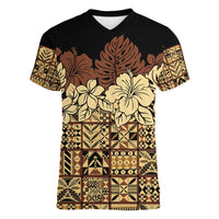 Niue Hiapo Motif Women V-Neck T-Shirt Tapa Classic - Black Ver LT7 Female Black - Polynesian Pride
