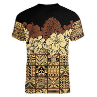 Niue Hiapo Motif Women V-Neck T-Shirt Tapa Classic - Black Ver LT7 - Polynesian Pride