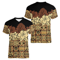 Niue Hiapo Motif Women V-Neck T-Shirt Tapa Classic - Black Ver LT7 - Polynesian Pride