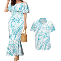 Sharks Couple Dreamy Polynesians Floral Sea Couples Matching Mermaid Dress and Hawaiian Shirt Turquoise LT7 Turquoise - Polynesian Pride